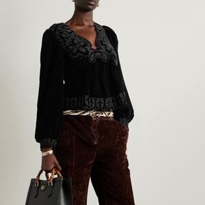 NWT SEA Dana tulle-trimmed embroidered velvet long sleeve blouse top black S